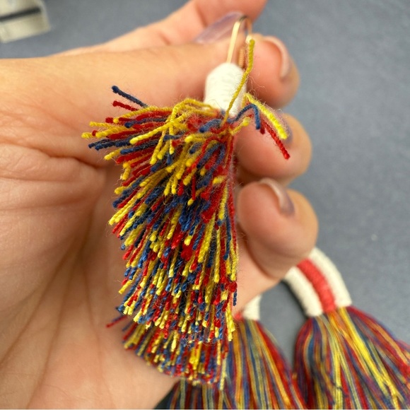 Colorful Macrame Rainbow Tassel Earrings Red Yellow Blue - Picture 10 of 12